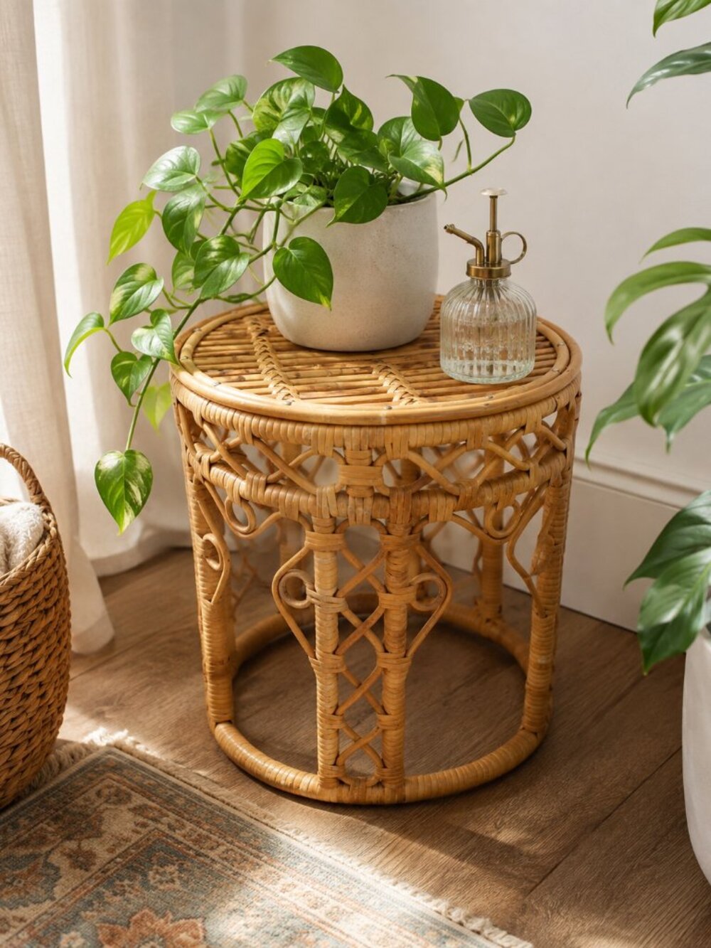 VINTAGE Rattan Wicker Plant Stand Side Table Raffia Boho Bohemian Natural Decor